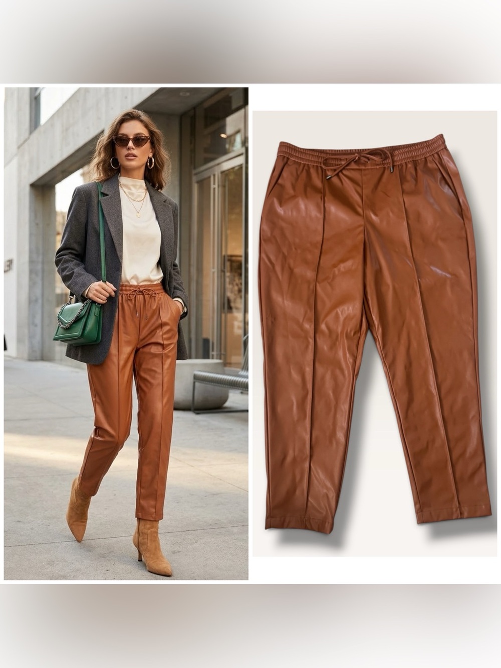 Nine West Cognac Faux Leather Jogger Trousers, Large